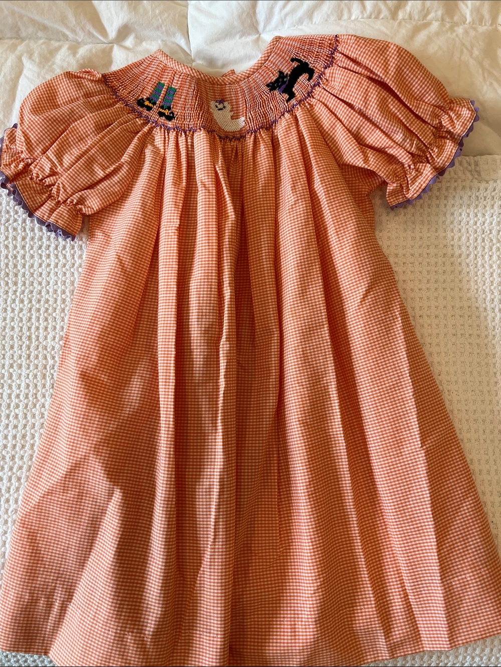 Orange Gingham Smocked Kids Dress with Halloween Motif